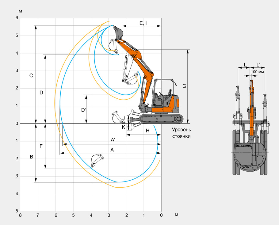 Геометрия работы мини-экскаватора Hitachi ZX48U-5A