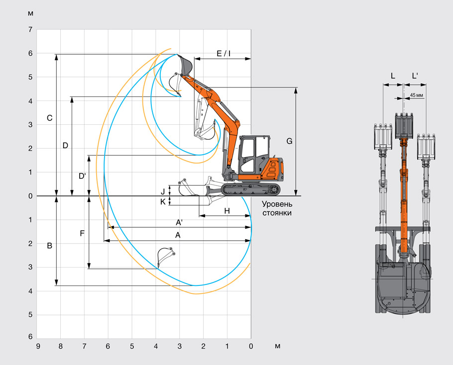Геометрия работы мини-экскаватора Hitachi ZX65USB-5A